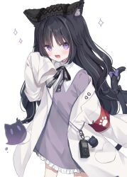 Rule 34 | 1girl, :d, animal ears, armband, black bow, black hair, bow, cat ears, cat girl, cat tail, clothes writing, commentary request, dress, frilled bow, frills, hand up, heart, highres, hoshi (snacherubi), lab coat, long sleeves, looking at viewer, off shoulder, open clothes, open mouth, original, pink bow, purple dress, purple eyes, romaji text, simple background, sleeves past fingers, sleeves past wrists, smile, solo, sparkle, tail, tail bow, tail ornament, white background