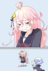 Rule 34 | 2girls, 2koma, ahoge, comic, commentary request, crying, crying with eyes open, food, hair ornament, highres, ice cream, ice cream cone, ice cream cone spill, kantai collection, long hair, long sleeves, mocchi (mocchichani), multiple girls, pink hair, pleated skirt, sailor collar, school uniform, serafuku, short hair, silent comic, skirt, tears, uzuki (kancolle), very long hair, yayoi (kancolle)