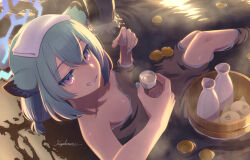 Rule 34 | 1girl, alcohol, animal ears, aqua hair, aqua nails, artist name, bathing, blue archive, choko (cup), commentary request, cup, food, from above, fruit, grin, halo, hardboiled egg, highres, holding, holding cup, jitome, kegakimaru, low twintails, medium hair, nail polish, nude, onsen, onsen symbol, orange (fruit), outdoors, partially submerged, purple eyes, sake, shigure (blue archive), shigure (hot spring) (blue archive), signature, sitting, smile, smug, solo, teeth, tokkuri, towel, towel on head, twintails, weasel ears