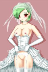 Rule 34 | 1girl, breasts, bride, clothes lift, creatures (company), dress, dress lift, game freak, gardevoir, gen 3 pokemon, green hair, nintendo, nipples, personification, pokemon, pussy, solo, thighhighs, uncensored, wedding dress