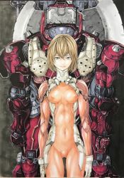 Rule 34 | 1girl, all you need is kill, armor, bad id, bad pixiv id, bodysuit, brown eyes, brown hair, closed mouth, covered erect nipples, covered navel, exoskeleton, gloves, katsu (24791909), making-of available, marker (medium), pauldrons, power armor, scratches, short hair, shoulder armor, standing, traditional media, white gloves
