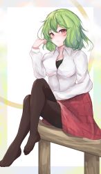Rule 34 | 1girl, black bra, bra, breasts, cleavage, closed mouth, collared shirt, full body, green hair, hand in own hair, highres, kazami yuuka, large breasts, long sleeves, looking at viewer, orchid (orukido), plaid, plaid skirt, red eyes, red skirt, shirt, short hair, sitting, skirt, touhou, underwear, white shirt