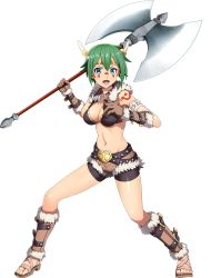 Rule 34 | 1girl, axe, blue eyes, breasts, cleavage, facial mark, full body, fur trim, gloves, green hair, headband, holding, holding axe, legs apart, looking at viewer, medium breasts, midriff, navel, open mouth, rorone (sennen sensou aigis), sandals, sennen sensou aigis, shin&#039;ya (shin&#039;yanchi), short hair, short shorts, shorts, smile, solo, standing, transparent background, weapon, wide stance