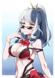 Rule 34 | 1girl, absurdres, ascot, bare shoulders, bikini, blunt bangs, blush, breasts, carmilla (fate), carmilla (summertime mistress) (fate), cleavage, fate/grand order, fate (series), fingernails, grey hair, hair ornament, highres, long fingernails, long hair, midriff, open mouth, ponytail, ribbon, solo, sunglasses, swimsuit, yellow eyes