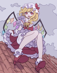 Rule 34 | 1girl, absurdres, ascot, blonde hair, bloomers, collared shirt, crystal, flandre scarlet, frilled shirt collar, frilled skirt, frills, hat, high heels, highres, kame (kamepan44231), long hair, mob cap, on roof, open mouth, red eyes, red footwear, red skirt, red vest, shirt, short sleeves, side ponytail, sitting on roof, skirt, socks, solo, touhou, underwear, vest, white bloomers, white hat, white shirt, white socks, wings, yellow ascot