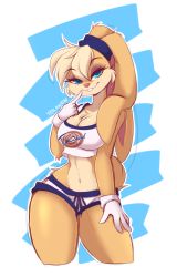 Rule 34 | 1girl, aliasing, animal nose, blonde hair, blue background, blue eyes, body fur, breasts, brown fur, buck teeth, cleavage, closed mouth, cowboy shot, crop top, eyeshadow, female focus, finger to mouth, furry, furry female, gloves, hair between eyes, hair tie, half-closed eyes, hand up, happy, highres, lola bunny, looking at viewer, makeup, medium breasts, micro shorts, midriff, navel, outline, purple eyeshadow, rabbit ears, rabbit girl, rabbit tail, shirt, short hair, shorts, simple background, sketch, sleeveless, sleeveless shirt, smile, solo, space jam, standing, stomach, teeth, teranen, two-tone background, two-tone fur, white background, white gloves, white outline, white shirt, white shorts, yellow fur
