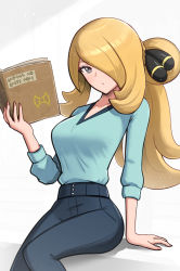 Rule 34 | 1girl, :/, black pants, blonde hair, blue shirt, book, breasts, closed mouth, creatures (company), cynthia (pokemon), game freak, gen 2 pokemon, gonzarez, grey eyes, hair ornament, hair over one eye, hand up, highres, holding, holding book, long hair, long sleeves, looking at viewer, nail polish, nintendo, pants, pink nails, pokemon, pokemon (anime), pokemon journeys, pokemon swsh122, ponytail, shirt, shirt tucked in, sidelocks, sitting, solo, unown, v-neck