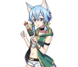 Rule 34 | 1girl, animal ears, armlet, blue eyes, blue hair, cat ears, cat tail, collar, collarbone, cowboy shot, crop top, food, green ribbon, hair between eyes, hair ribbon, holding, holding food, midriff, navel, open mouth, ribbon, short hair with long locks, short shorts, shorts, sidelocks, sinon (sao-alo), solo, standing, stomach, sword art online, tail, transparent background, white shorts