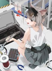 Rule 34 | 1girl, absurdres, almond (arknights), animal ears, annoyed, arknights, black footwear, breasts, commentary, dog ears, dog girl, dog tail, full body, grey eyes, grey hair, grey skirt, hair ornament, highres, holding, holding wrench, looking at viewer, looking back, medium breasts, open mouth, pleated skirt, pliers, shoes, sideboob, skirt, small breasts, sneakers, solo, squatting, symbol-only commentary, tail, tank top, thread, tokorinowa, toolbox, trap door, visor cap, white tank top, wrench