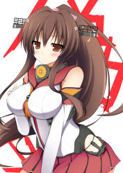 Rule 34 | 10s, 1girl, :&lt;, anchor, blush, breast suppress, breasts, brown eyes, brown hair, cherry blossoms, detached sleeves, flower, hair flower, hair ornament, headgear, kantai collection, large breasts, long hair, looking at viewer, miniskirt, mizuki (kogetsu-tei), personification, ponytail, skirt, solo, very long hair, yamato (kancolle)