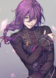 Rule 34 | 1boy, androgynous, ayase mayoi, black nails, blue eyes, braid, braided ponytail, commentary, cross-laced clothes, ensemble stars!, grey background, hair between eyes, igetaon3, long sleeves, looking at viewer, male focus, medium hair, purple hair, sharp teeth, signature, simple background, solo, teeth, twitter username, upper body
