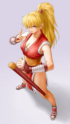 Rule 34 | 1girl, blonde hair, breasts, brown eyes, capcom, cleavage, commentary request, final fight, final fight 2, from above, full body, genryuusai maki, grey background, high ponytail, highres, holding, holding weapon, japanese clothes, lips, long hair, looking at viewer, makeup, medium breasts, ninja, pelvic curtain, ponytail, red eyes, sarashi, sash, serious, shadow, shoes, sleeveless, sneakers, solo, standing, street fighter, tonfa, weapon, x chitch