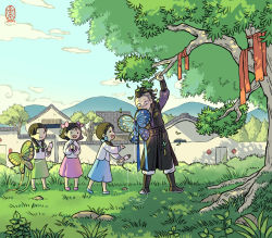 Rule 34 | 1boy, 3girls, adapted costume, alternate costume, arm guards, arm up, black footwear, black hair, blue bow, blue skirt, boots, bow, braid, bug, butterfly, child, chinese clothes, cloud, day, grass, green bow, green skirt, hair bow, hair ornament, hair over one eye, hair stick, hand up, insect, kimetsu no yaiba, kite, knee boots, long hair, long sleeves, looking at another, minilan35000, mohawk, mountainous horizon, multiple girls, nakahara sumi, outdoors, outstretched arms, own hands together, pants, pants tucked in, pink bow, pink skirt, puffy long sleeves, puffy sleeves, reaching, red ribbon, ribbon, robe, sash, scar, scar on face, scar on nose, shinazugawa genya, shirt, short hair, skirt, sky, smile, standing, takada naho, terauchi kiyo, tree, twin braids, twintails, twitter username, w arms, wall, white shirt, yaopei