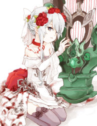 Rule 34 | 1girl, armor, armored dress, blood, blood on clothes, bow, choker, dress, flower, grey eyes, grey thighhighs, hair bow, hair bun, harp, instrument, ishikoro1645, kneeling, looking at viewer, off shoulder, parted lips, red flower, red rose, rose, sidelocks, single hair bun, sinoalice, snow white (sinoalice), solo, thighhighs, white dress, zettai ryouiki