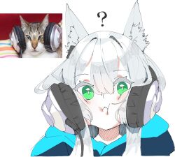 1girl :&lt; ? animal_ear_fluff animal_ears arknights behind-the-head_headphones blue_hood cat_ears cat_girl cheek_squash closed_mouth commentary_request green_eyes grey_hair headphone_cat_(meme) headphones highres hood hood_down hooded_jacket jacket long_hair looking_at_viewer meme photo-referenced portrait reference_inset rosmontis_(arknights) shima_(wideshi_ma) simple_background solo white_background