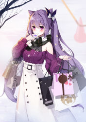 Rule 34 | 1girl, alternate costume, bag, bare shoulders, bare tree, belt, black scarf, blush, buttons, cellphone, chinese commentary, commentary request, cone hair bun, english text, flower, genshin impact, hair bun, hair flower, hair ornament, hands up, highres, holding, holding bag, holding phone, keqing (genshin impact), keqing (lantern rite) (genshin impact), long hair, looking at viewer, mihoyo, off-shoulder sweater, off shoulder, outdoors, phone, pink eyes, plaid, plaid scarf, purple hair, purple sweater, ribbed sweater, scarf, shopping bag, simple background, skirt, smile, solo, sweater, touxing no diluka, tree, white background, white belt, white scarf, white skirt