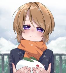 Rule 34 | 1girl, artist name, artist request, black coat, blush, breasts, brown hair, buttons, close-up, cloud, coat, day, earmuffs, female focus, gloves, hair between eyes, highres, holding, koizumi hanayo, long sleeves, looking at viewer, love live!, love live! school idol festival, love live! school idol project, nail, nail polish, orange scarf, outdoors, parted lips, pink nails, pink nails, purple eyes, scarf, short hair, sky, smile, snow, snowing, solo, upper body, white gloves, white sky, winter, winter clothes