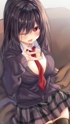 Rule 34 | 1girl, bad id, bad pixiv id, between breasts, black hair, black jacket, black thighhighs, breasts, commentary request, from above, grey skirt, heart, heart in eye, highres, jacket, large breasts, long hair, long sleeves, looking at viewer, necktie, one eye closed, original, ramchi, red eyes, red necktie, shirt, sitting, skirt, solo, symbol in eye, thighhighs, uniform, white shirt, yandere-chan (ramchi)