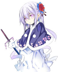 Rule 34 | 1girl, :o, bandaged hand, bandages, blue capelet, capelet, dress, earrings, floral print, flower, hair between eyes, hair flower, hair ornament, holding, holding sword, holding weapon, jewelry, katana, kurasuke, long hair, long sleeves, looking at viewer, original, parted lips, pink eyes, pom pom (clothes), purple hair, sheath, sheathed, sidelocks, simple background, sketch, solo, sword, twintails, weapon, white background, white dress