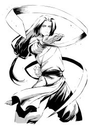 Rule 34 | 1boy, arm behind back, bandages, bandaged arm, bandages, closed mouth, fingernails, greyscale, highres, long hair, male focus, martial arts, monochrome, oono tsutomu, simple background, solo, stance, luo xiaohei zhanji, white background, wuxian (the legend of luoxiaohei)