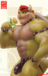 Rule 34 | 1boy, anhes, bowser, bulge, flower, horns, looking at viewer, male focus, mario (series), muscular, nintendo, red eyes, red hair, smile, solo, super mario bros. 1