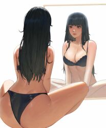 Rule 34 | 1girl, absurdres, ass, bare arms, bare shoulders, black bra, black hair, black panties, bra, breasts, brown eyes, cleavage, closed mouth, expressionless, from behind, highres, indian style, large breasts, long hair, looking at mirror, mirror, osaragi (sakamoto days), panties, pplord, reflection, sakamoto days, simple background, sitting, string panties, underwear, underwear only, white background
