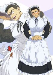Rule 34 | 1boy, alternate costume, ao isami, apron, bara, black dress, black hair, blush, crossdressing, dress, enmaided, facial hair, feet out of frame, frilled apron, frills, highres, holding, holding tray, lageins, large pectorals, maid, maid apron, maid headdress, male focus, male maid, muscular, muscular male, own hands together, pectorals, puffy sleeves, shy, sideburns stubble, spilling, stained clothes, standing, stubble, textless version, thick eyebrows, tray, white apron, wrist cuffs, yuuki bakuhatsu bang bravern