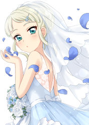 Rule 34 | 1girl, absurdres, aikatsu!, aikatsu! (series), backless dress, backless outfit, blue eyes, blush, bouquet, braid, braided bun, dress, flower, from behind, hair bun, hand up, highres, long hair, looking at viewer, looking back, parted lips, petals, sekina, simple background, single hair bun, solo, standing, todo yurika, veil, wedding dress, white background, white dress, white flower