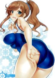 Rule 34 | 10s, 1girl, absurdres, ass, blue eyes, blush, breasts, brown hair, cle masahiro, competition swimsuit, from side, hair ornament, hair scrunchie, high school fleet, highres, ise sakura, large breasts, long hair, looking at viewer, looking back, medium breasts, one-piece swimsuit, open mouth, ponytail, scrunchie, solo, swimsuit, thighs, wavy mouth