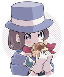 Rule 34 | 1girl, ace attorney, black dress, blue cape, blue eyes, blue hat, blush, brown hair, burger, cape, dress, eating, food, gloves, hat, holding, holding food, looking at viewer, minashirazu, red scarf, scarf, short hair, solo, top hat, trucy wright, upper body, white gloves