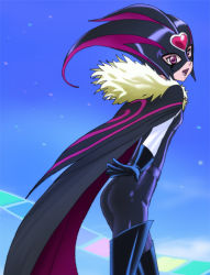 Rule 34 | 10s, 1girl, ass, black bodysuit, bodysuit, cape, cure muse, cure muse (black), feathers, flat chest, gloves, haruyama kazunori, looking back, magical girl, mask, pants, precure, purple eyes, shiny clothes, shirabe ako, solo, suite precure, tight clothes, tight pants