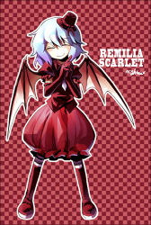 Rule 34 | 1girl, alternate costume, bat wings, blue hair, character name, checkered background, closed eyes, elbow gloves, fang, female focus, gloves, hat, mini hat, mini top hat, nightea, own hands together, remilia scarlet, short hair, smile, solo, striped clothes, striped thighhighs, thighhighs, top hat, touhou, wings