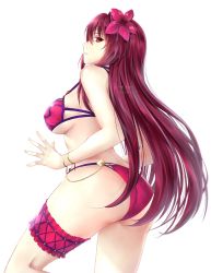 Rule 34 | 1girl, artist name, ass, bare arms, bare shoulders, bikini, bracelet, breasts, cowboy shot, covered erect nipples, fate/grand order, fate (series), flower, frills, glint, hair between eyes, hair flower, hair ornament, hibiscus, highres, jewelry, large breasts, long hair, parted lips, pink bikini, profile, purple hair, red eyes, rei kun, scathach (fate), scathach (fate), scathach (swimsuit assassin) (fate), sideboob, simple background, solo, standing, swimsuit, thighs, very long hair, watermark, web address, white background