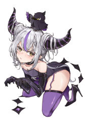 Rule 34 | 1girl, animal, animal on head, appleseed (appleseed art), bare shoulders, bird, bird on head, black footwear, black gloves, black leotard, blonde hair, blush, closed mouth, crow (la+ darknesss), demon horns, elbow gloves, full body, garter straps, gloves, grey hair, hair on horn, high heels, highres, hololive, horns, la+ darknesss, leotard, long hair, looking at viewer, multicolored hair, no shoes, on head, pointy ears, purple hair, purple thighhighs, shoes, unworn shoes, simple background, solo, strapless, strapless leotard, streaked hair, thighhighs, very long hair, virtual youtuber, white background