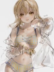 Rule 34 | 1girl, arm behind head, bare shoulders, bikini, blonde hair, collarbone, daiba nana, grey background, highres, long hair, long sleeves, looking at viewer, midriff, navel, open mouth, outstretched arm, plaid, plaid bikini, shirt, shoujo kageki revue starlight, simple background, smile, solo, standing, suzumi (ccroquette), swimsuit, white shirt, unfinished, yellow bikini, yellow eyes