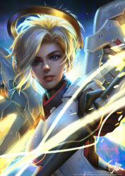 Rule 34 | 1girl, artist name, blonde hair, blue eyes, bodysuit, breasts, glowing, glowing wings, halo, high ponytail, highres, holding, holding staff, large breasts, light smile, lips, looking at viewer, mechanical halo, mechanical wings, mercy (overwatch), nose, overwatch, overwatch 1, parted lips, qichao wang, realistic, solo, staff, upper body, watermark, web address, wings, yellow wings