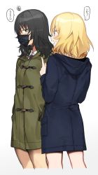 Rule 34 | 2girls, andou (girls und panzer), black hair, black neckwear, blonde hair, blue coat, blue eyes, brown coat, brown eyes, coat, commentary, dark-skinned female, dark skin, dress shirt, girls und panzer, hands in pockets, hood, hood down, hooded coat, looking at another, mask, medium hair, messy hair, mouth mask, multiple girls, necktie, open mouth, oshida (girls und panzer), shirt, squiggle, standing, sweat, sweatdrop, tan (inka), translated, white background, wing collar