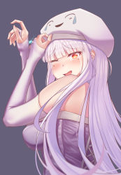 Rule 34 | 1girl, blunt bangs, blush, borrowed character, breasts, commentary, destinyplayer1, dress, elbow gloves, english commentary, fingerless gloves, ghast, gloves, highres, hime cut, jewelry, large breasts, long hair, looking at viewer, minecraft, mole, mole under eye, one eye closed, open mouth, ornate ring, personification, red eyes, ring, solo, upper body, wedding ring, white dress, white gloves, white hair
