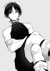 1boy bare_shoulders bishounen black_bodysuit black_hair blunt_ends bodysuit bright_pupils closed_mouth colored_inner_hair crossed_arms crossed_legs expressionless eyeliner eyeshadow from_below fuka_(hk_nemo) genshin_impact grey_eyes hand_on_own_arm highres leg_warmers leggings looking_at_viewer makeup male_focus messy_hair monochrome multicolored_hair purple_hair red_eyeliner red_eyeshadow rope scaramouche_(genshin_impact) shorts sketch solo wanderer_(genshin_impact) white_background white_pupils