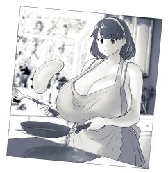 Rule 34 | 1girl, absurdres, apron, breasts, cleavage, earrings, erkaz, female focus, flipping food, food, frying pan, gigantic breasts, greyscale, hairband, highres, huge breasts, indoors, jewelry, kitchen, monochrome, original, pancake, rina atherina, short hair, smile, solo, spatula, upper body, window