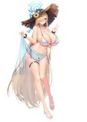 Rule 34 | 1girl, absurdly long hair, absurdres, alternate breast size, alternate costume, asuna (blue archive), bare shoulders, bikini, blonde hair, blue archive, blue eyes, bracelet, breasts, chixiao, cleavage, feet, full body, hair over one eye, hat, high heels, highres, huge breasts, jewelry, legs, light brown hair, long hair, looking at viewer, mole, mole on breast, nail polish, navel, necklace, sandals, sarong, simple background, smile, solo, straw hat, string bikini, sun hat, swept bangs, swimsuit, thigh strap, toes, v, very long hair, white background, white bikini