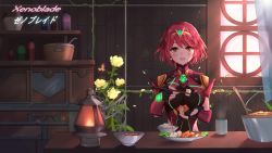 Rule 34 | 1girl, blush, breasts, chopsticks, fingerless gloves, food, gloves, jewelry, large breasts, looking at viewer, nintendo, open mouth, pyra (xenoblade), red eyes, red hair, short hair, smile, solo, tiara, widow (dragonaut), xenoblade chronicles (series), xenoblade chronicles 2, yoruciel