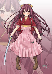 Rule 34 | 1girl, blue eyes, boots, bow, brown footwear, cross-laced footwear, full body, hair bow, hakama, hakama skirt, highres, holding, holding sword, holding weapon, japanese clothes, kamikaze (kancolle), kantai collection, kimono, lace-up boots, long hair, looking at viewer, meiji schoolgirl uniform, pink hakama, purple hair, red kimono, senon, skirt, solo, sword, tasuki, weapon, yellow bow, zoom layer