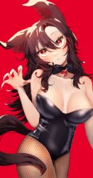 Rule 34 | 1girl, animal ears, black bow, black bowtie, black leotard, bow, bowtie, breasts, brooch, brown hair, cleavage, detached collar, fingernails, fishnet legwear, fishnets, hair between eyes, head tilt, highres, imaizumi kagerou, jewelry, large breasts, leotard, long fingernails, long hair, looking at viewer, nail polish, open mouth, playboy bunny, red background, red eyes, red nails, simple background, solo, tail, touhou, uchisaki himari, wolf ears, wolf tail