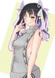 Rule 34 | 1girl, :q, aran sweater, backless dress, backless outfit, black hair, blush, breasts, cable knit, closed mouth, commentary request, cowboy shot, demon girl, demon horns, dress, grey sweater, hair ribbon, halterneck, highres, horns, kojo anna, kojo anna (3rd costume), long hair, looking at viewer, medium breasts, meme attire, multicolored hair, nanashi inc., official alternate costume, one eye closed, pointy ears, polka dot, polka dot background, purple hair, purple outline, ribbed sweater, ribbon, robou no stone, sideboob, smile, solo, sugar lyric, sweater, sweater dress, tongue, tongue out, transparent ribbon, turtleneck, turtleneck sweater, two-tone hair, two side up, v, virgin killer sweater, virtual youtuber, white background, white ribbon, yellow eyes