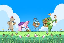 Rule 34 | animal, backpack, bag, bee, blue sky, bug, closed eyes, cloud, controller, flower, frog, froggy friends, game controller, grass, highres, holding, holding map, insect, ladybug, map, official art, open mouth, orange flower, outdoors, pink flower, propeller hat, sky, snail, yellow flower