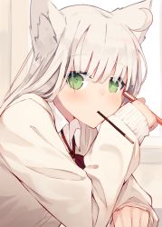 Rule 34 | 1girl, animal ears, bow, bowtie, cardigan, desk, food, food in mouth, green eyes, highres, holding, holding pencil, indoors, long sleeves, looking at viewer, loose neckwear, mouth hold, nagishiro mito, original, pencil, platinum blonde hair, pocky, red bow, red bowtie, red ribbon, ribbon, sitting, solo, upper body