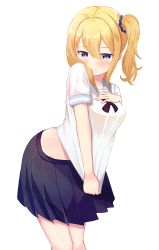 Rule 34 | 1girl, absurdres, arched back, bitseon, black ribbon, black skirt, blonde hair, blue eyes, blush, breasts, closed mouth, clothes pull, collarbone, commentary request, embarrassed, frown, hair between eyes, hair ornament, hair scrunchie, hand on own chest, hayasaka ai, highres, kaguya-sama wa kokurasetai ~tensai-tachi no renai zunousen~, korean commentary, leaning forward, looking at viewer, medium breasts, medium hair, mixed-language commentary, one side up, pleated skirt, pulling own clothes, ribbon, school uniform, scrunchie, serafuku, shirt, shirt pull, shirt tug, short sleeves, side ponytail, simple background, skirt, solo, white background, white shirt