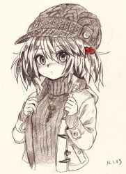 Rule 34 | 1girl, alternate costume, bad id, bad pixiv id, blush, contemporary, dated, gotou (nekocat), graphite (medium), hair bobbles, hair ornament, hat, highres, jacket, kawashiro nitori, key, key necklace, long sleeves, looking at viewer, monochrome, necklace, short hair, solo, sweater, touhou, traditional media, turtleneck, twintails, two side up, upper body