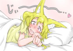 Rule 34 | 1girl, absurdres, animal ears, blonde hair, blush, doitsuken, embarrassed, female focus, highres, looking at viewer, lying, on bed, on side, open mouth, original, pink background, pov across bed, simple background, solo, under covers